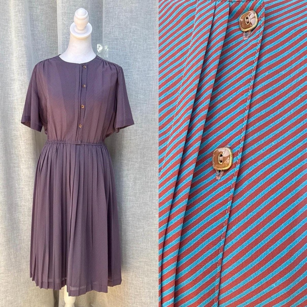 1970 blue red diagonal pin stripe short sleeve pleated skirt midi shirt dress